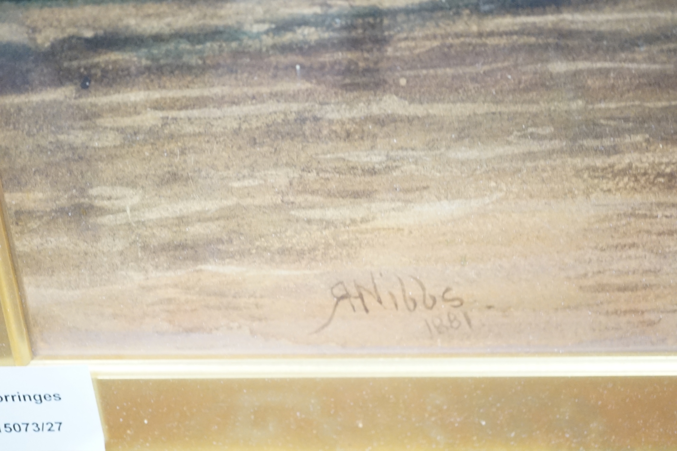 Richard Henry Nibbs (1816-1893), watercolour, Extensive river landscape, signed and dated 1881, 53 x 102cm, gilt framed. Condition - poor